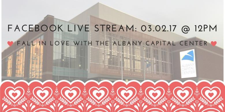 Graphic with the albany capital center blurred in the background and text overlaying it announcing the facebook live stream event