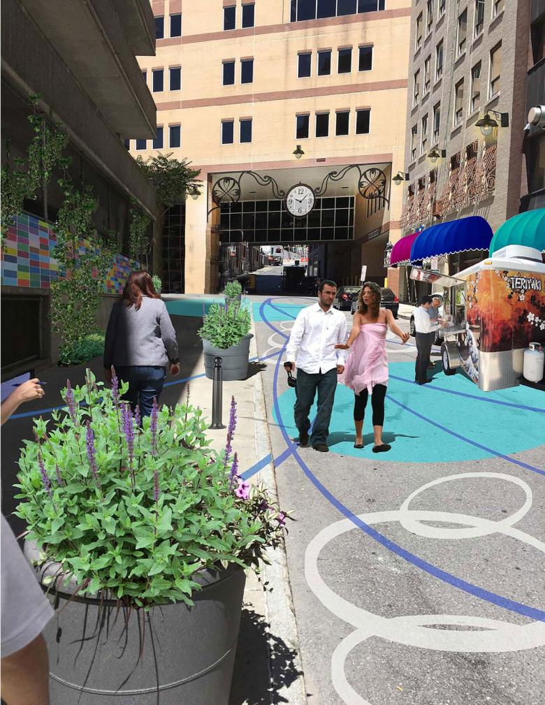 Mockup of potential beautification additions to a downtown alleyway, including painted streets, greenery, and sidewalk vendors. 