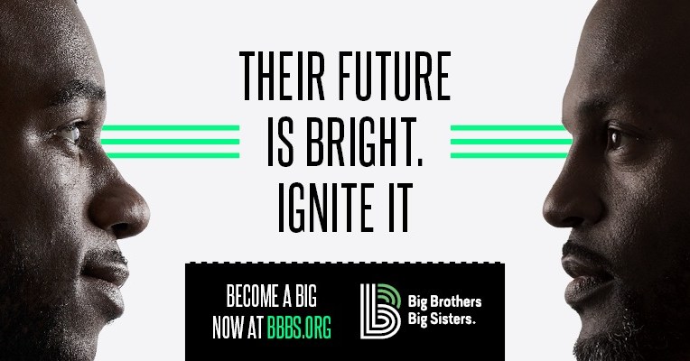 Graphic with faces at left and right looking inward, and text "Their Future is Bright. Ignite it. Become a Big Now at bbbs.org" text between faces.