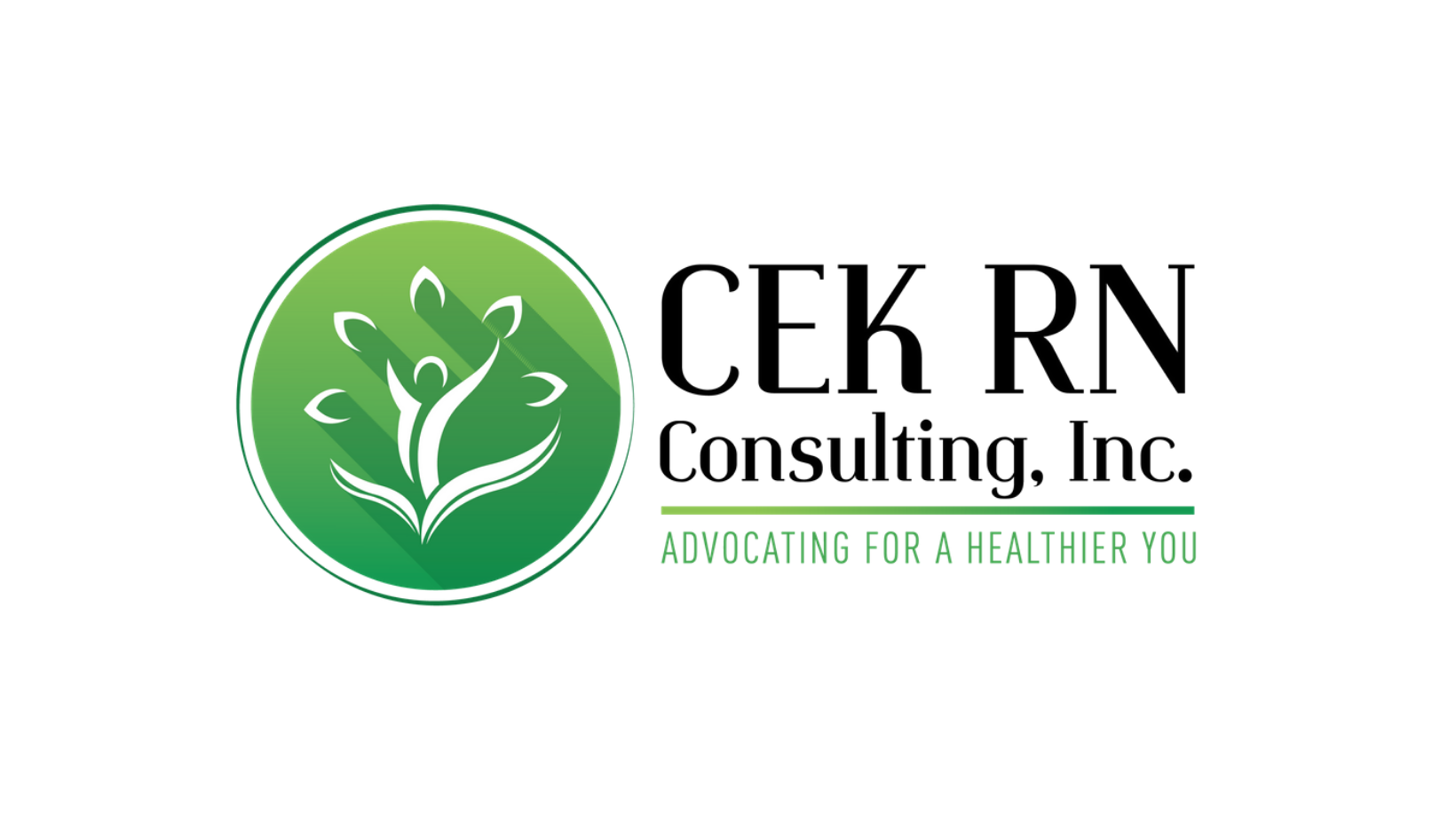 Graphic with green circle at left and text "CEK RN Consulting, Inc. Advocating for a healthier you." at right