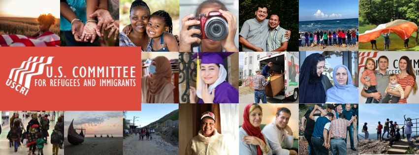 Collage of images in background with orange box at left with text reading "USCRI U.S. Committee for Refugees and Immigrants"