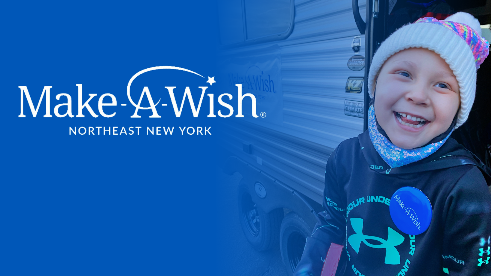 Graphic with text at left reading "Make a Wish Northeast New York" with photo of smiling child at right