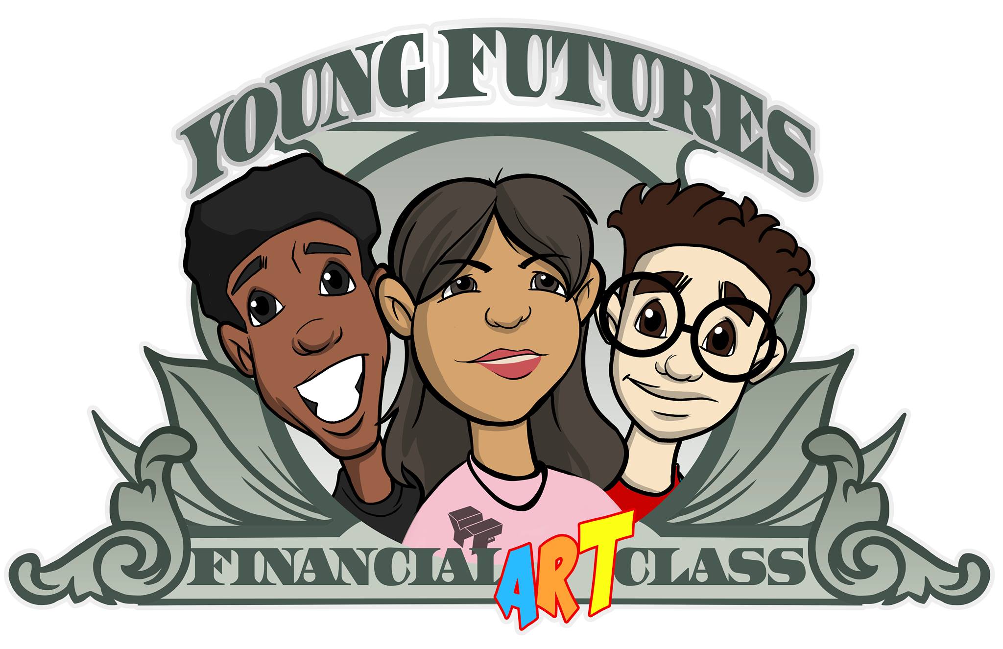 Cartoon drawing featuring three people with text above reading "Young Futures" and text below reading "Financial Art Class"