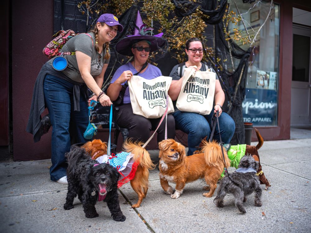 Hounds of Halloween photo of people sitting on bench with their dogs