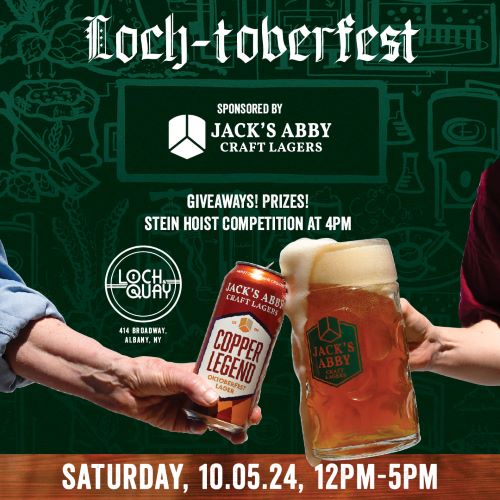 Graphic of a beer stein and Jack's Abby lager clinking glasses promoting Lochtober Fest