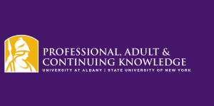 Purple graphic with text "Professional, adult & continuing knowledge. University at Albany | State University of New York."