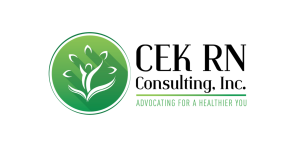 Graphic with green circle at left and text "CEK RN Consulting, Inc. Advocating for a healthier you." at right