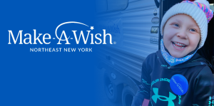 Graphic with text at left reading "Make a Wish Northeast New York" with photo of smiling child at right