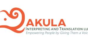 Logo in green and orange with elephant drawing at left. At right, text reads Akula Interpreting and Translation LLC Empowering People by Giving Them a Voice