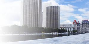 Empire State Plaza fading in with Capitol in background