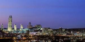 Skyline of Albany at blue hour with buildings lit up