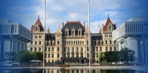 Photo of NYS Capitol building with blue faded edges