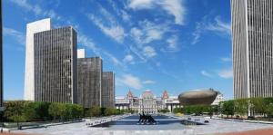 Empire State Plaza in Albany on sunny day with blue sky