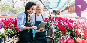 Women in greenhouse, looking at tablet computer