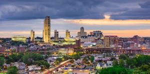 Dramatically colored and lit skyline of Albany at twilight