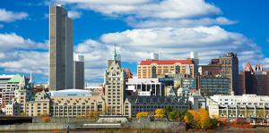 Albany skyline from Hudson river, brightly lit  and sunny