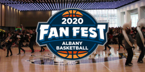 Albany Fan Fest logo over an image of a marching band on a basketball court