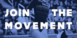 Image of a female gymnast colorized in blue, with bold white text over top that reads "Join The Movement"