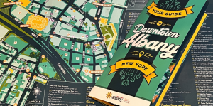 Illustrated trifold brochure of the Downtown Albany map 