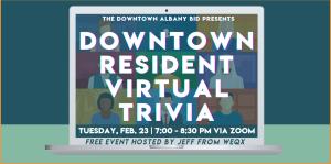 Digital flyer advertising the resident virtual trivia, with a vector illustration of a laptop with multiple anonymous heads on it to represent a video call background