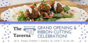 Taverna Grand Opening social media graphic with image of falafel at the top and the logo and announcement lining the bottom of the image. 