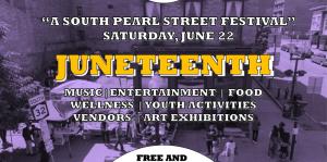 Juneteenth graphic, a purple colored image with text overlayed detailing the event