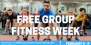 Graphic flyer with text that reads "Free Group Fitness Week" over an image of a group exercising 