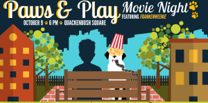 Paws & Play social media graphic featuring an illustration of a dog and a human in silhouette on a bench