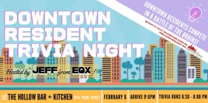 Social graphic for the resident trivia night with brightly colored illustrations of buildings and details about the event