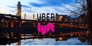 Image of downtown albany with both the uber and lyft logos over top