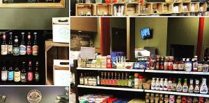 Collage of images showcasing the interior of the Stueben Street Market, including chalk board menus and fully stocked shelves. 