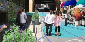 Mockup of potential beautification additions to a downtown alleyway, including painted streets, greenery, and sidewalk vendors. 