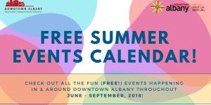 Graphic illustration of colorful overlapping blobs with text over top that reads "Free Summer Event Calendar!" 