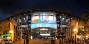 Exterior nighttime view of the Times Union Center arena