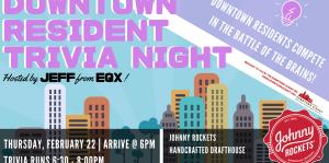 Trivia night graphic flyer with details about the event over colorful simple illustrations of buildings