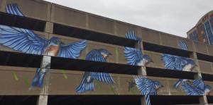 Mural of blue birds painted on the side of a parking garage