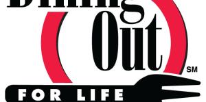 Dining out for life logo graphic, bold letters with an illustration of a fork at the bottom