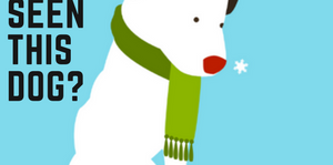 Graphic illustration of the white Nipper dog, wearing a green scarf and red winter hat. 