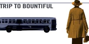 Graphic that reads "The Trip to Bountiful" with a blue colorized bus and a yellow colorized silhouette of a person