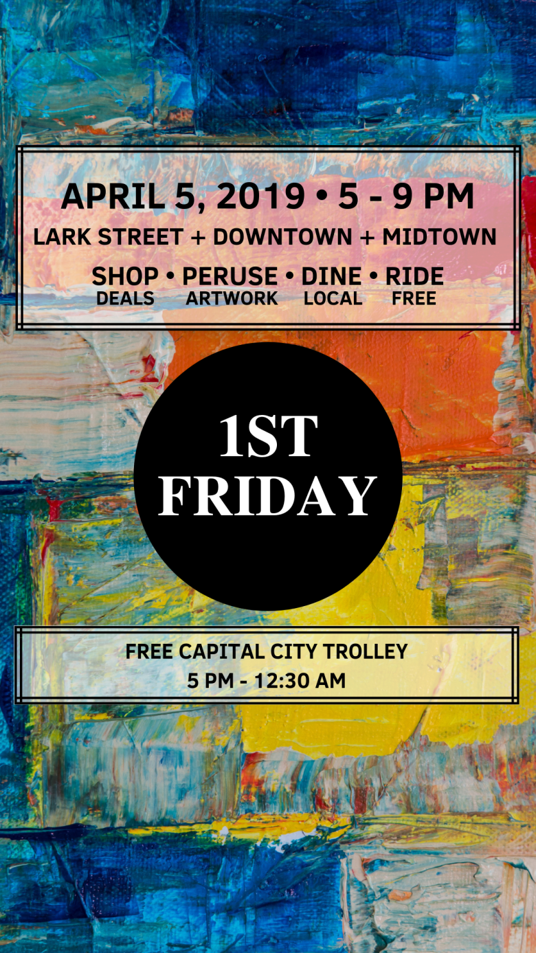 Ad for 1st Friday Free Capital City Trolley April 2019