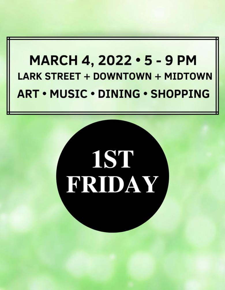 First friday graphic over a green background