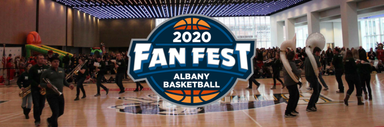 Albany Fan Fest logo over an image of a marching band on a basketball court