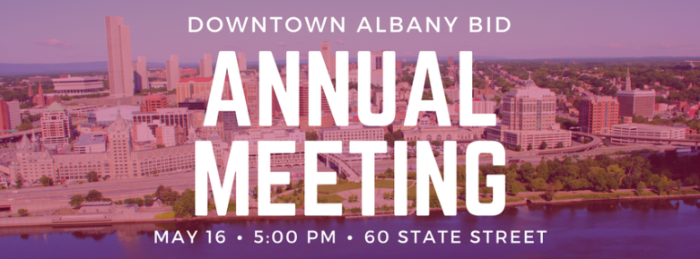 Stylized photo of Albany as taken from a drone, with text over it that reads "Annual Meeting"