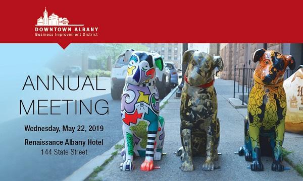 Annual meeting graphic with three painted nipper dogs and the BID logo on top in a red banner