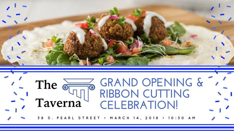 Taverna Grand Opening social media graphic with image of falafel at the top and the logo and announcement lining the bottom of the image. 