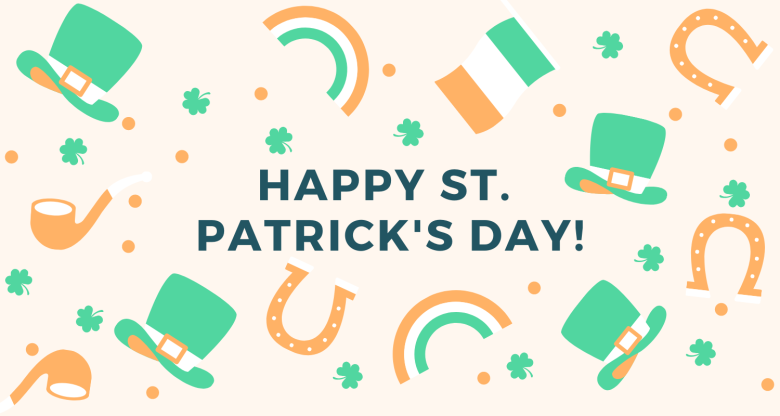 Happy St Patricks Day text over illustrations of rainbows, clovers, and green top hats