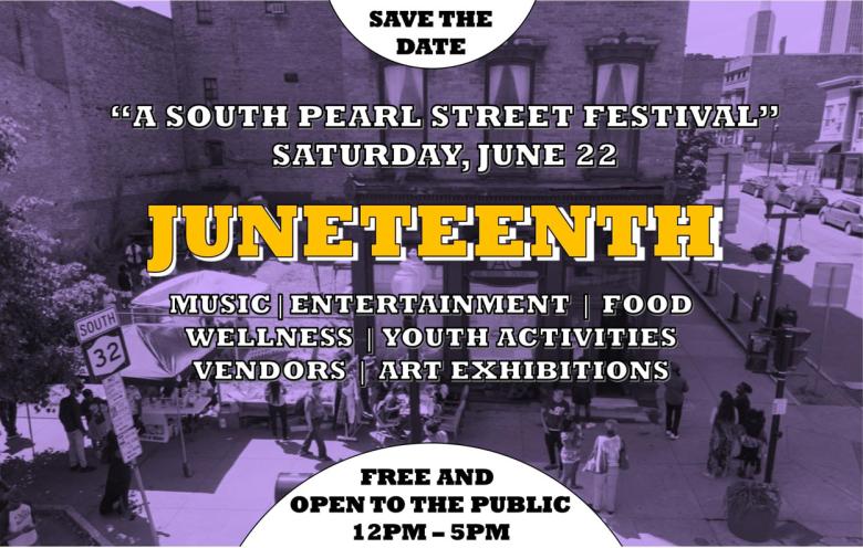 Juneteenth graphic, a purple colored image with text overlayed detailing the event
