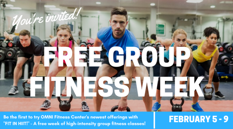 Graphic flyer with text that reads "Free Group Fitness Week" over an image of a group exercising 