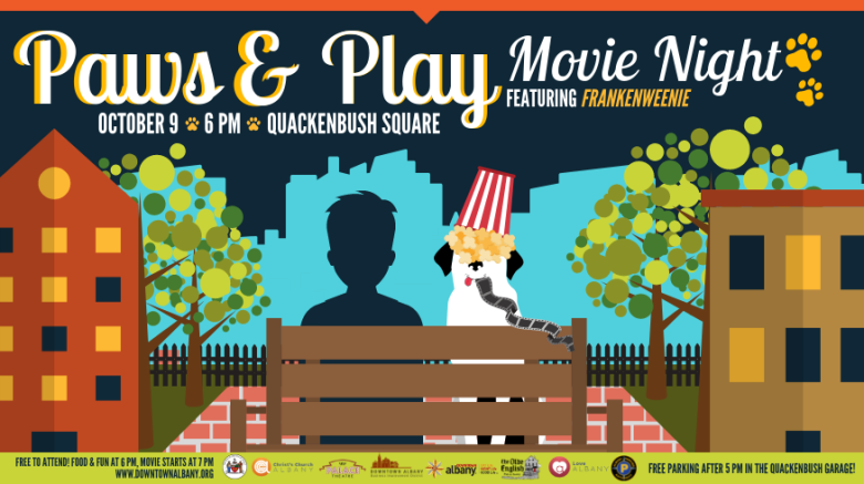 Paws & Play social media graphic featuring an illustration of a dog and a human in silhouette on a bench