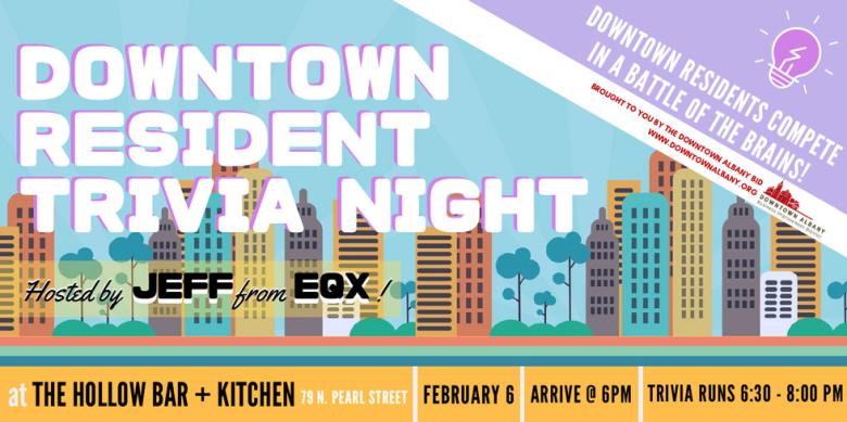 Social graphic for the resident trivia night with brightly colored illustrations of buildings and details about the event
